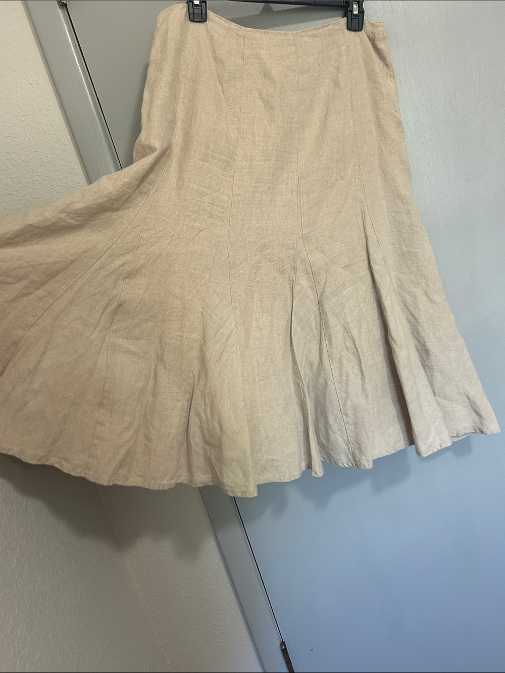 Liz Claiborne Beige Linen Paneled Midi Skirt Flounce Hem Lined Size 12 Boho - Picture 6 of 10